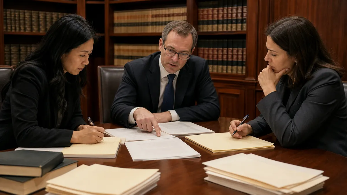 Three legal professionals review and discuss documents around a large wooden table in a law library filled with shelves of legal books.