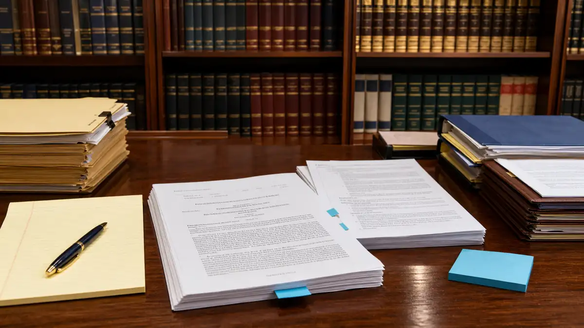 Legal documents and case files arranged on a wooden table with law books lining the shelves in the background in a library setting.