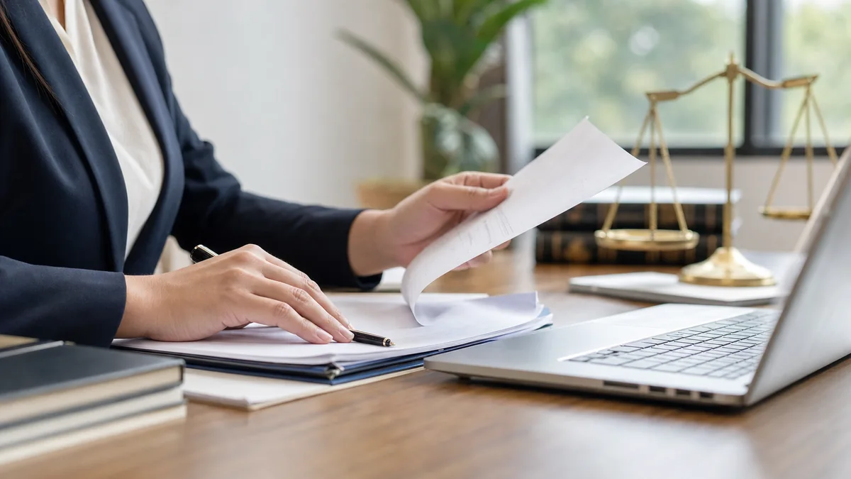 Immigration lawyer reviewing documents at a desk with a laptop and scales of justice