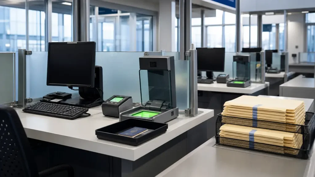 Empty immigration office counter with computer, passport scanner, and trays of documents prepared for processing applicants.