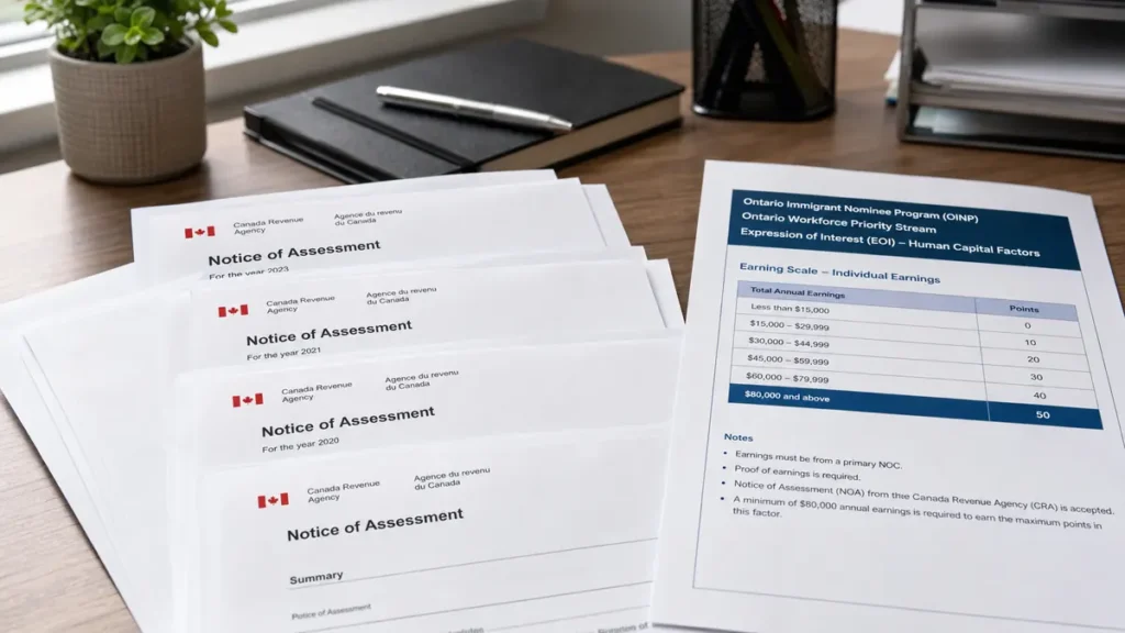 Four Canada Revenue Agency Notice of Assessment documents laid out on a wooden desk next to a printed Ontario Immigrant Nominee Program earnings scale sheet.