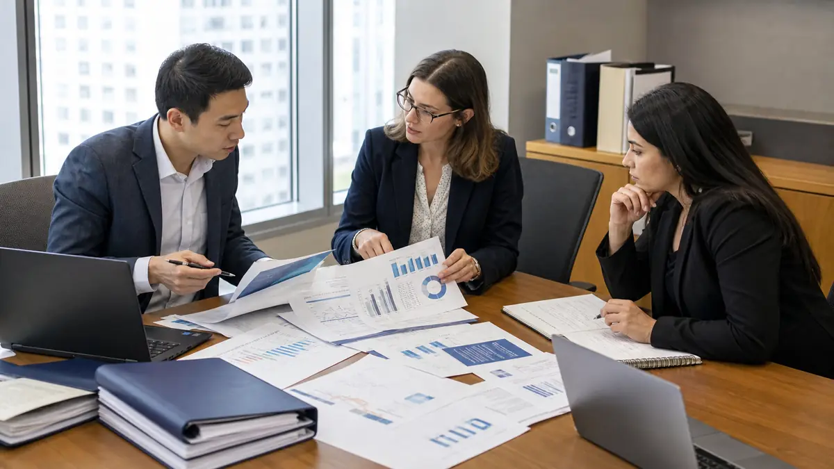 Three business professionals discuss printed charts and graphs together around a conference table with laptops and folders in an office high-rise.