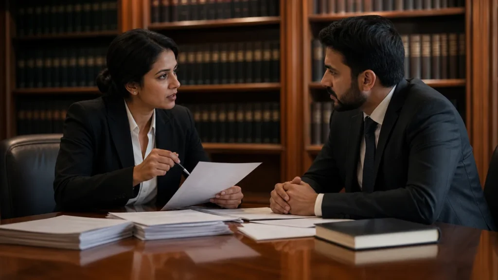 A woman and a man in formal business attire discuss documents across a wooden table in a room filled with shelves of legal books.