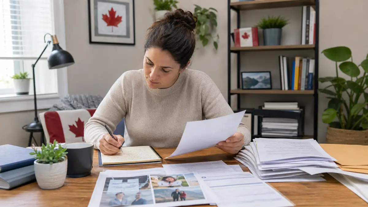 A woman seated at a wooden desk reviews paperwork with photos and writes notes in a home office decorated with Canadian-themed items.