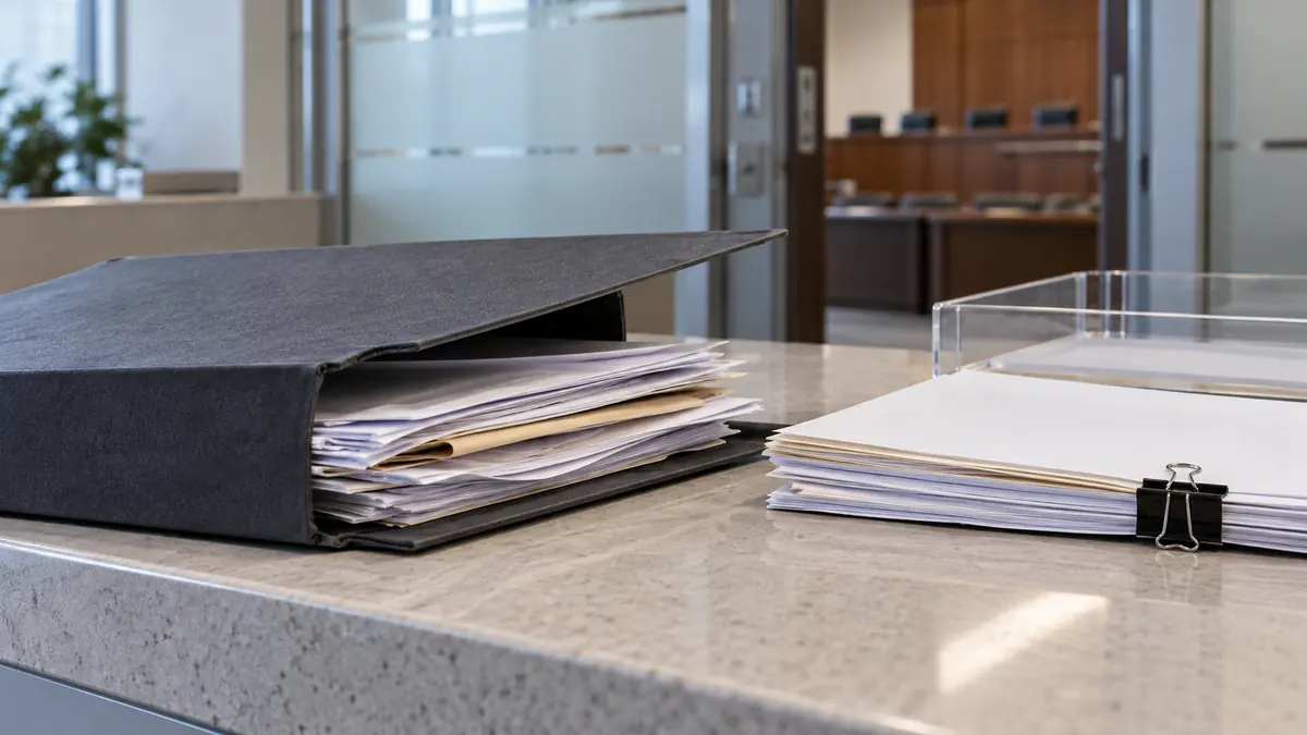 An open charcoal case folder and clipped supplementary papers on a legal records counter, with an empty hearing room in the background.