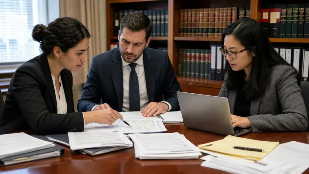 There professionals sitting around a wooden table reviewing documents and a laptop in a law office with bookshelves behind.