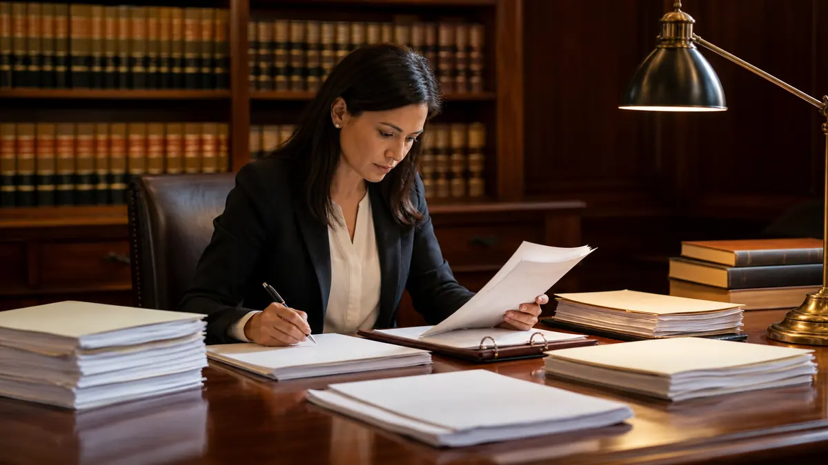 A professional woman sitting at a large desk in a law library reviewing documents amid stacks of papers and law books on shelves behind her.