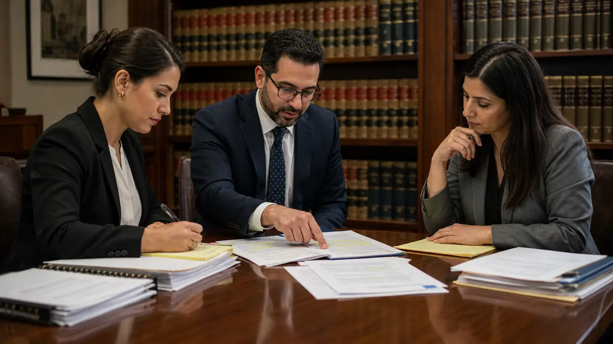 Three professionals in business attire review documents together at a wooden table in a law library filled with legal books.