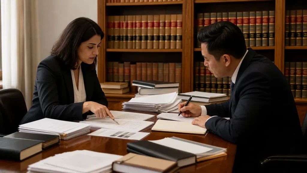 Two legal professionals in suits discuss and review documents at a wooden table in a law library filled with shelves of legal books.