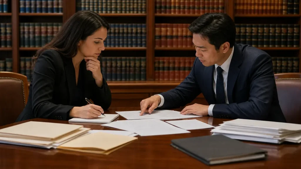 Two legal professionals, a woman and a man, discuss documents together at a wooden table in a law library filled with shelves of legal books.