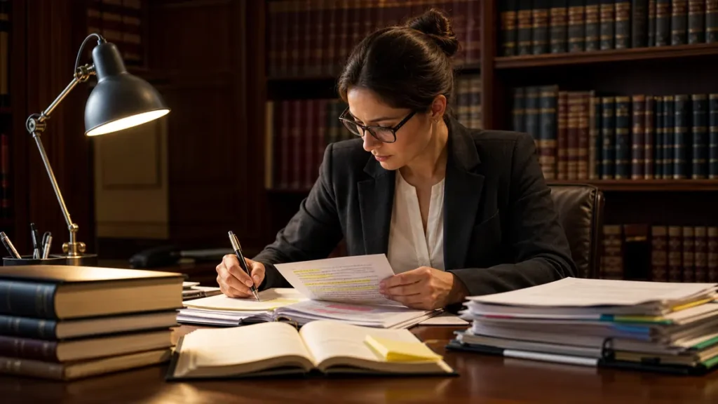 A female lawyer in glasses studies and annotates documents at a cluttered wooden desk with law books in the background.