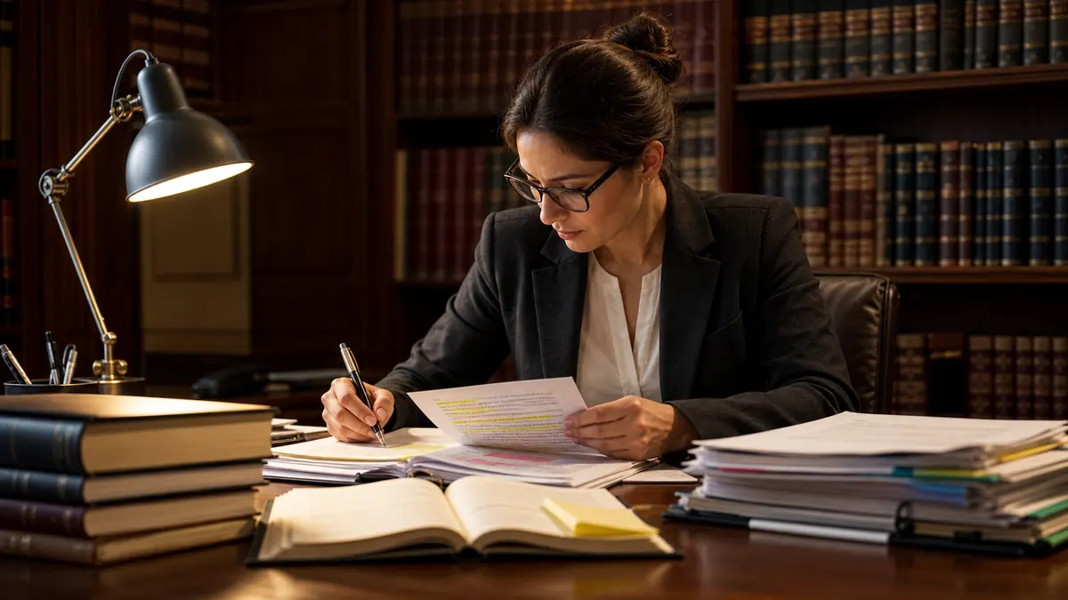 A female lawyer in glasses studies and annotates documents at a cluttered wooden desk with law books in the background.