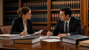 Two legal professionals in formal attire discuss documents across a large wooden table in a law library filled with bookshelves.