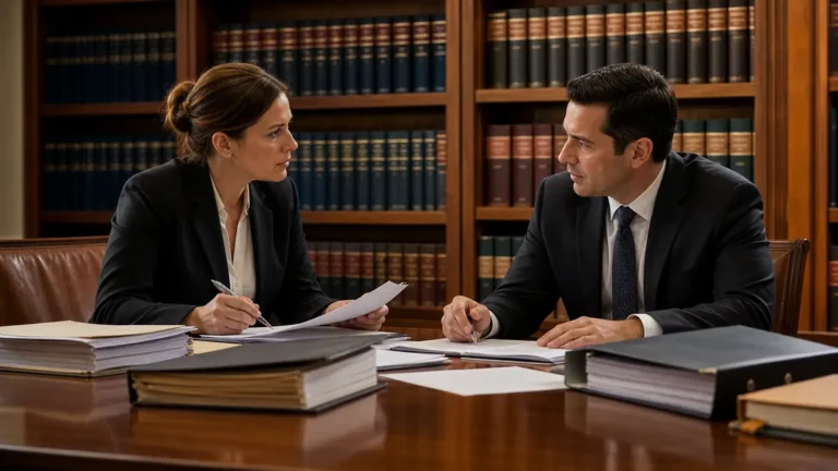 Two legal professionals in formal attire discuss documents across a large wooden table in a law library filled with bookshelves.