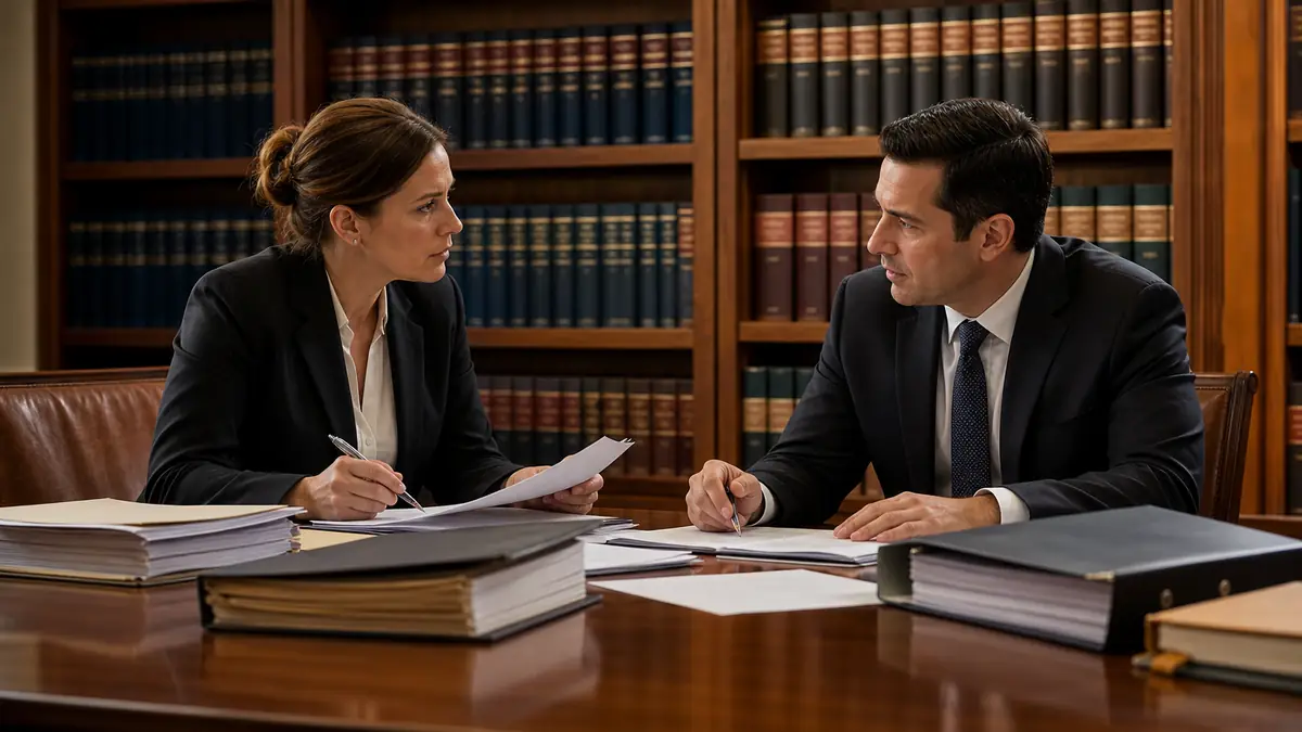 Two legal professionals in formal attire discuss documents across a large wooden table in a law library filled with bookshelves.