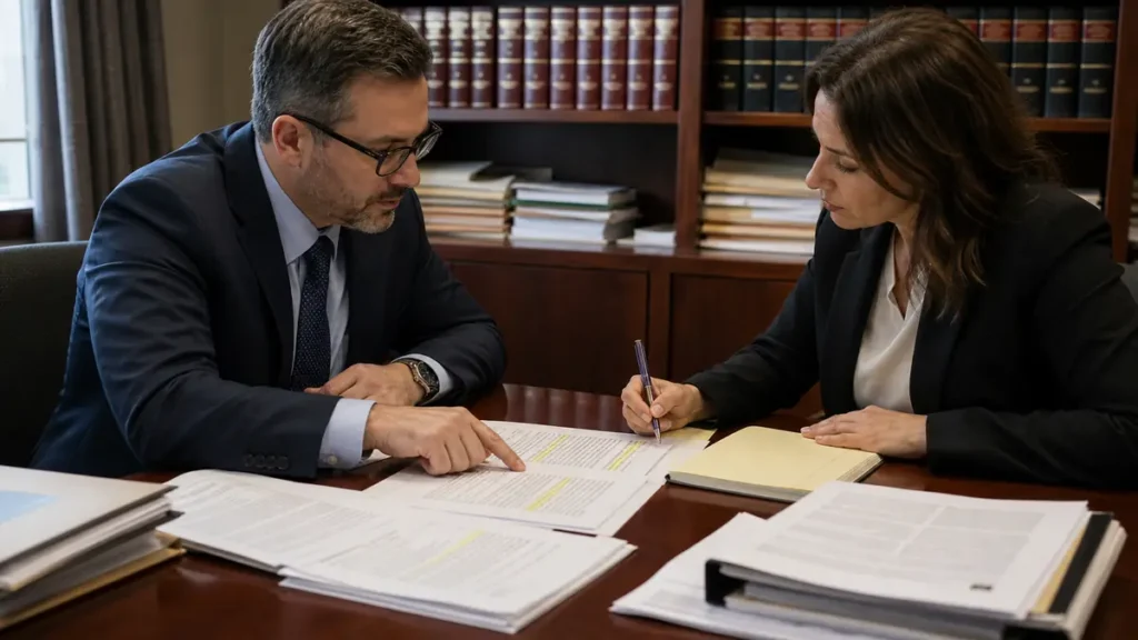 Two lawyers discussing highlighted legal documents at a table in an office with shelves of law books in the background.