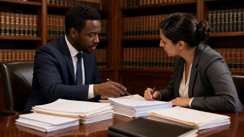 A man and a woman in professional attire discuss documents at a wooden table in a law library filled with shelves of legal books.