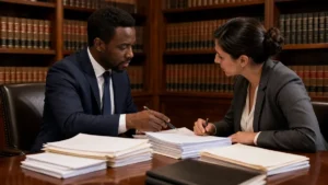 A man and a woman in professional attire discuss documents at a wooden table in a law library filled with shelves of legal books.