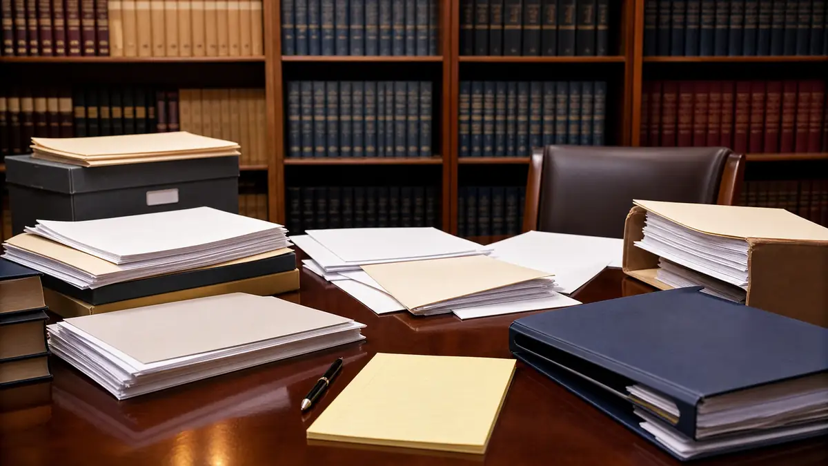 A large wooden table in a law library is covered with stacks of documents, folders, and papers, surrounded by shelves filled with legal books.