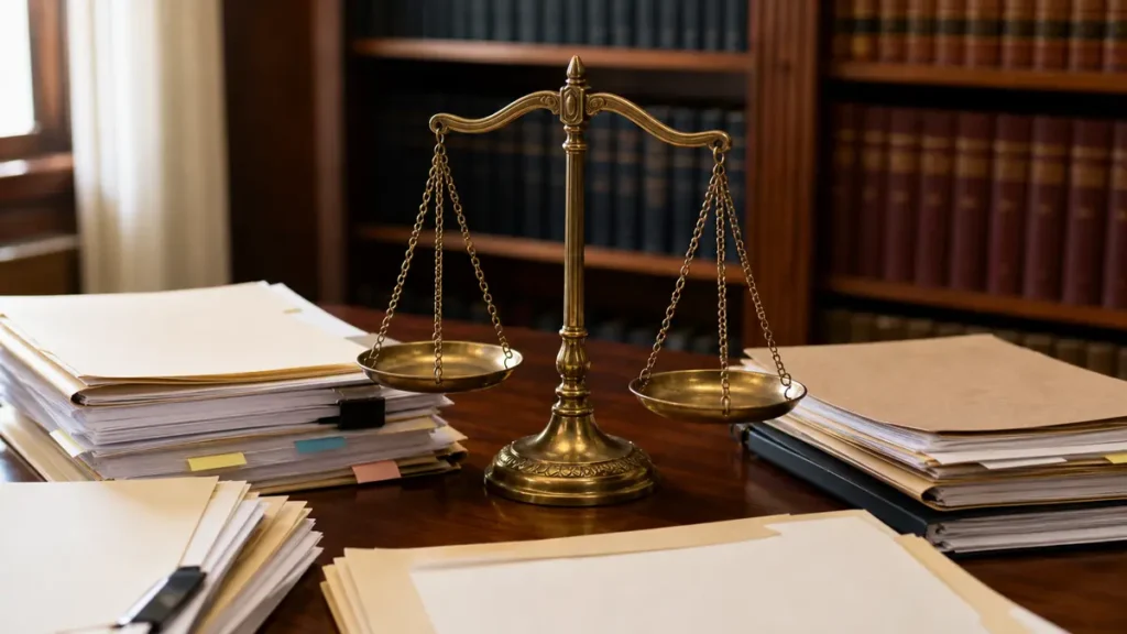 Brass balance scale on a wooden desk surrounded by large stacks of documents and files in a law library with shelves of legal books in the background.