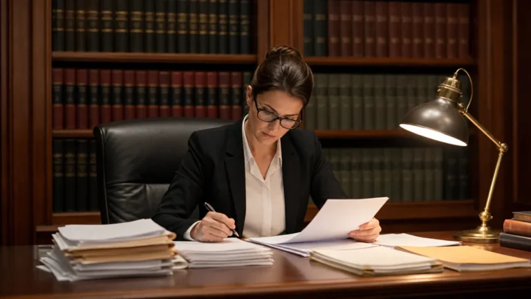 A woman in professional attire with glasses reviews documents at a wooden desk in a dimly lit law library with shelves of legal books behind her.