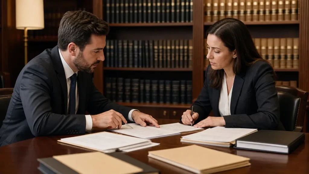 Two legal professionals in business attire sitting at a wooden table in a law library, reviewing and discussing documents.