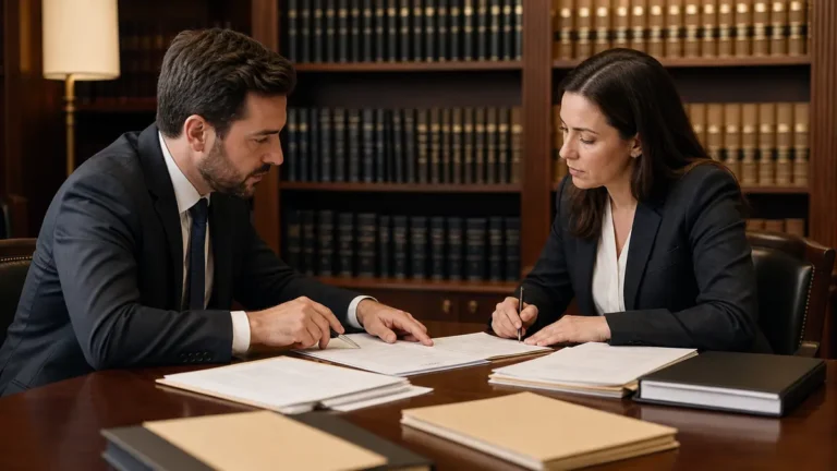 Two legal professionals in business attire sitting at a wooden table in a law library, reviewing and discussing documents.