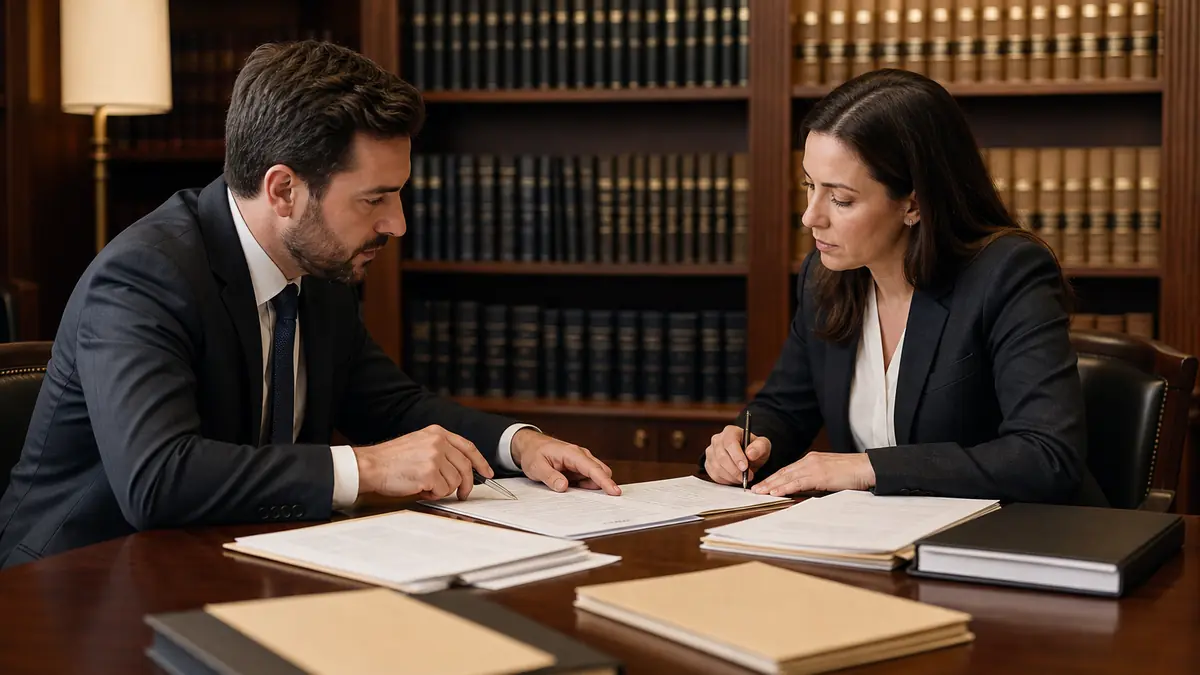 Two legal professionals in business attire sitting at a wooden table in a law library, reviewing and discussing documents.