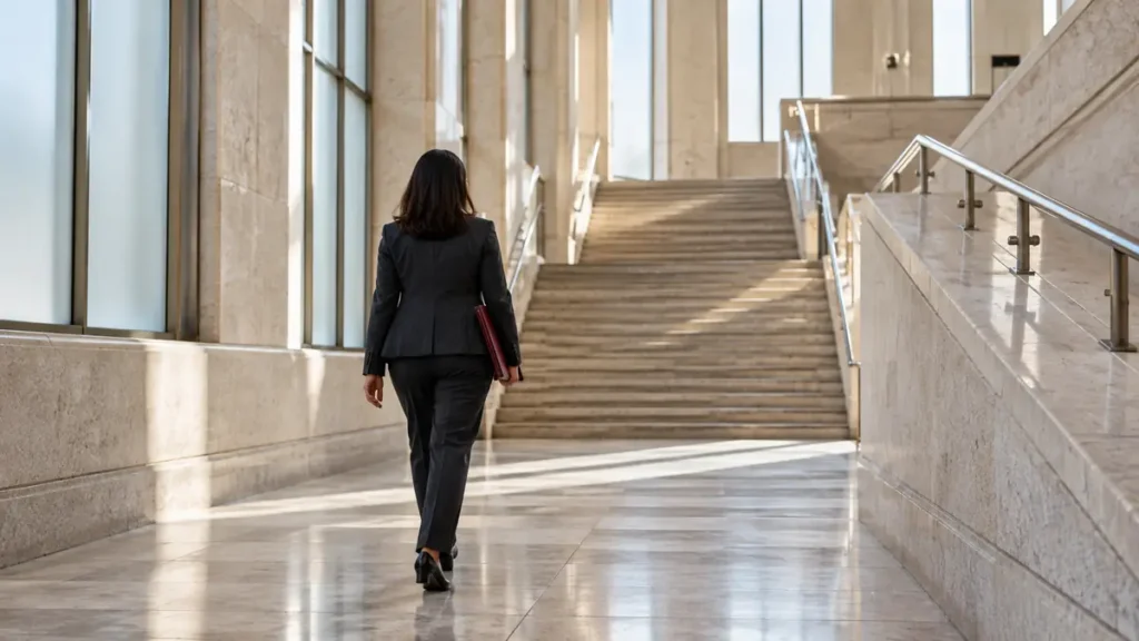 An anonymous professional carries a burgundy case folder toward a broad staircase in a bright stone courthouse corridor.