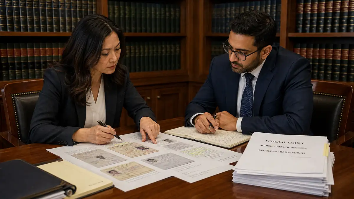 Two legal professionals examine identity documents spread out on a large wooden table in a law library filled with books.