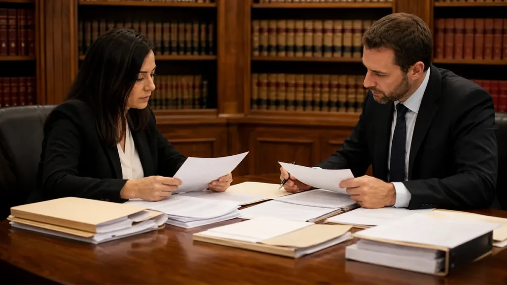 A man and a woman in business attire review and discuss legal documents across a wooden table in a law library with shelves of legal books behind them.