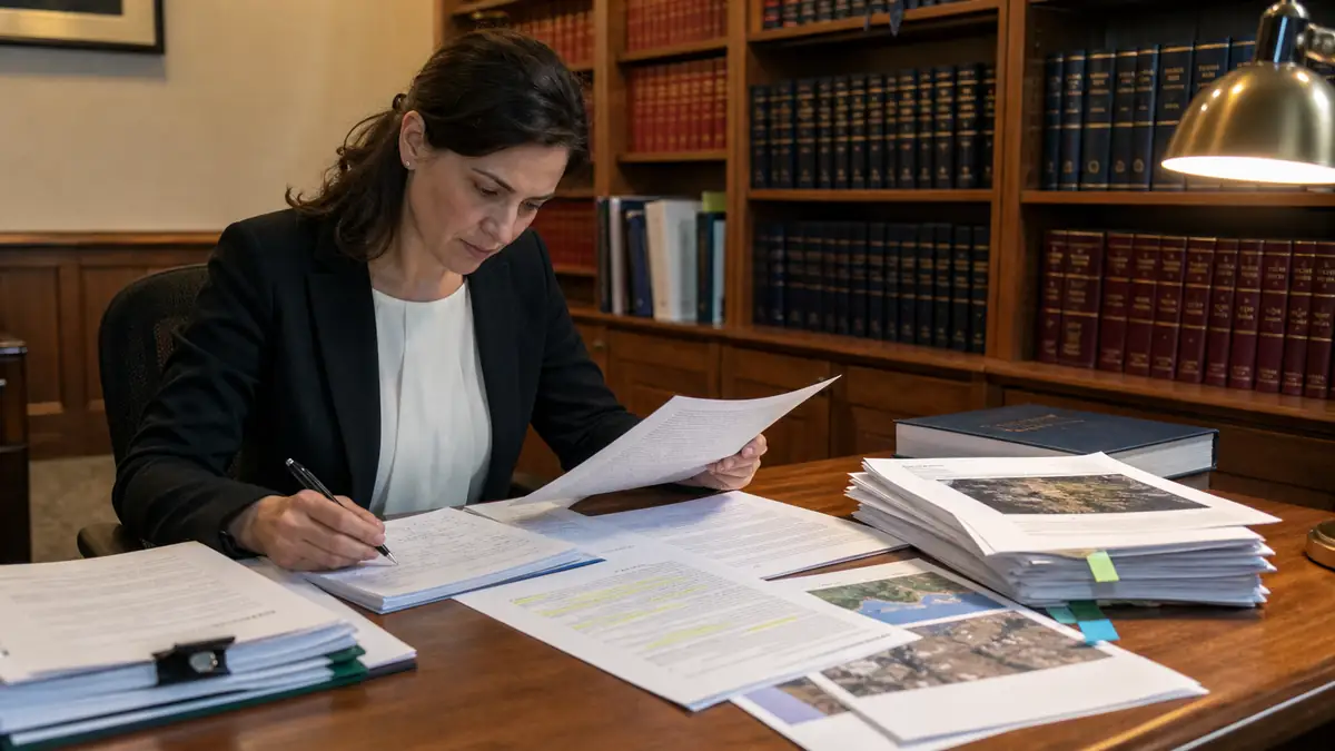 A woman seated at a wooden desk in a law library reviews documents and takes notes, surrounded by stacks of papers and legal books on shelves behind her.