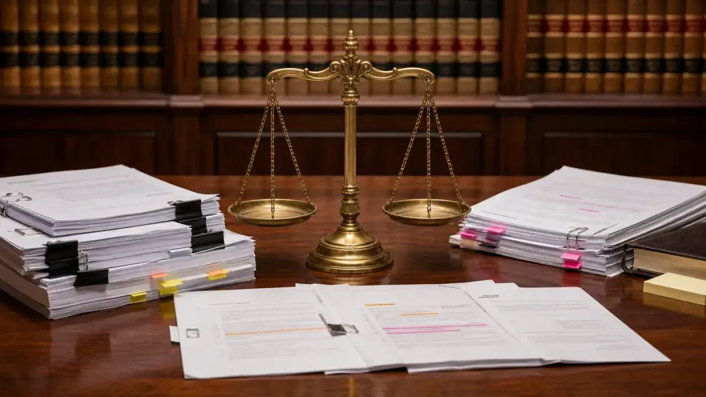 A brass balance scale is centered on a wooden desk surrounded by thick stacks of legal documents and papers with highlighted passages.