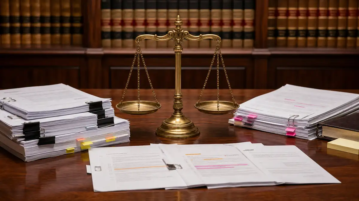 A brass balance scale is centered on a wooden desk surrounded by thick stacks of legal documents and papers with highlighted passages.
