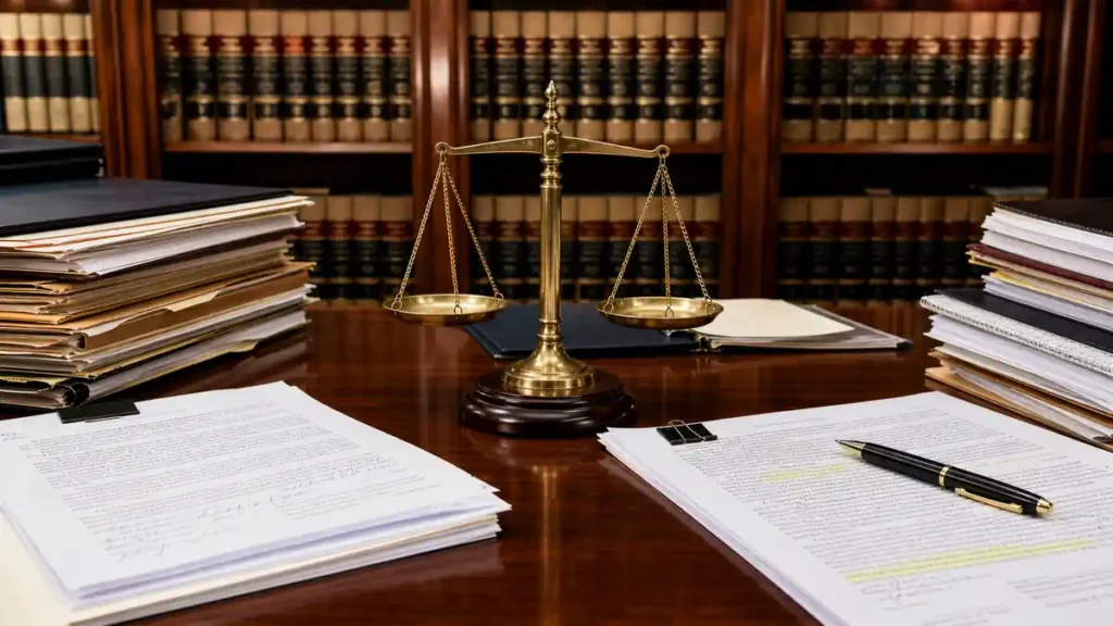 Brass balance scale sits on a wooden desk surrounded by stacks of legal documents with highlighted sections in a law library filled with books.