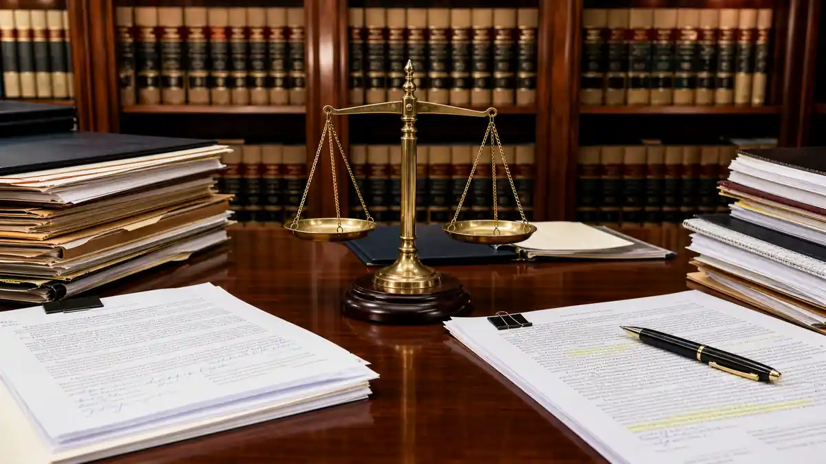 Brass balance scale sits on a wooden desk surrounded by stacks of legal documents with highlighted sections in a law library filled with books.