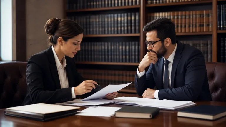 Two legal professionals in formal attire review legal documents at a wooden table in a law library filled with bookshelves.