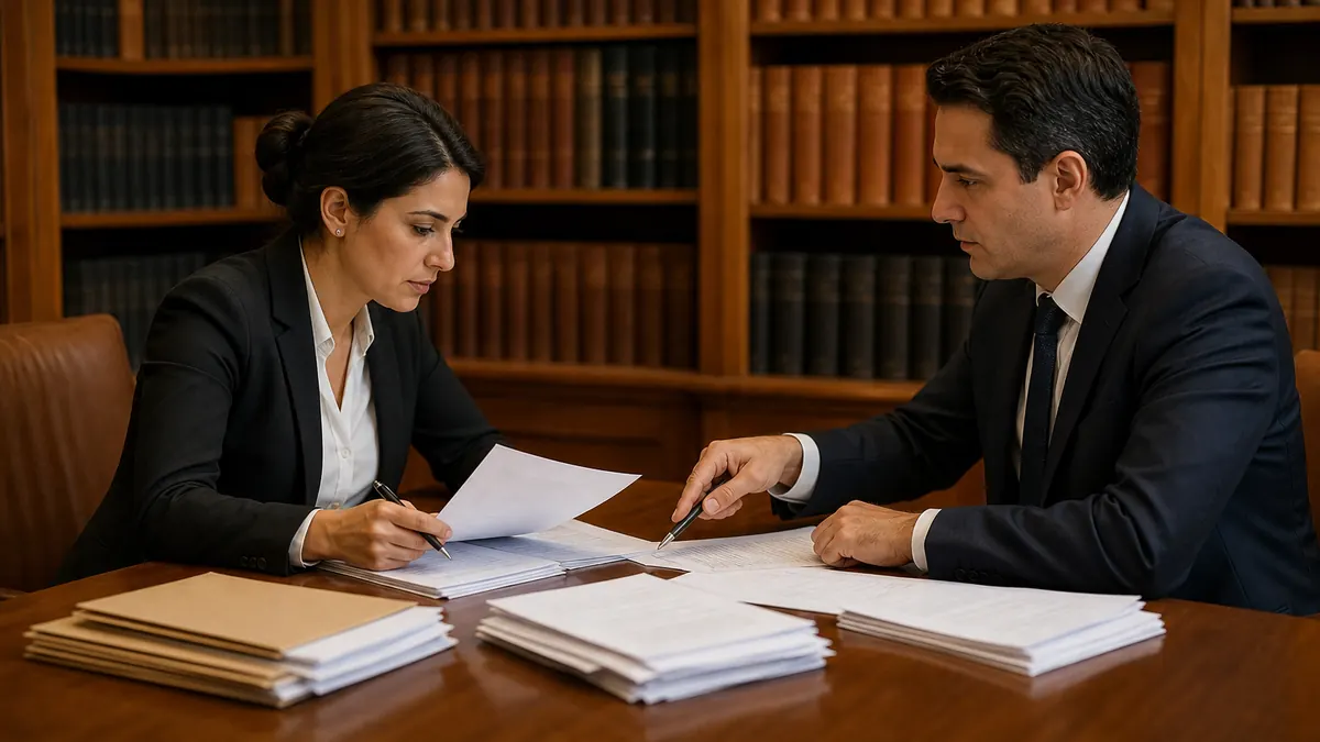 Two legal professionals in formal attire discuss documents at a large wooden table in a law library filled with books.
