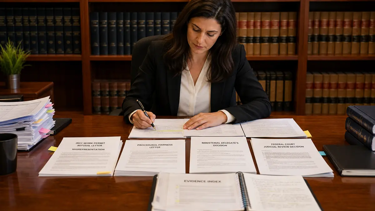 A woman in a formal suit writes notes at a desk covered with legal documents and binders in a law library.