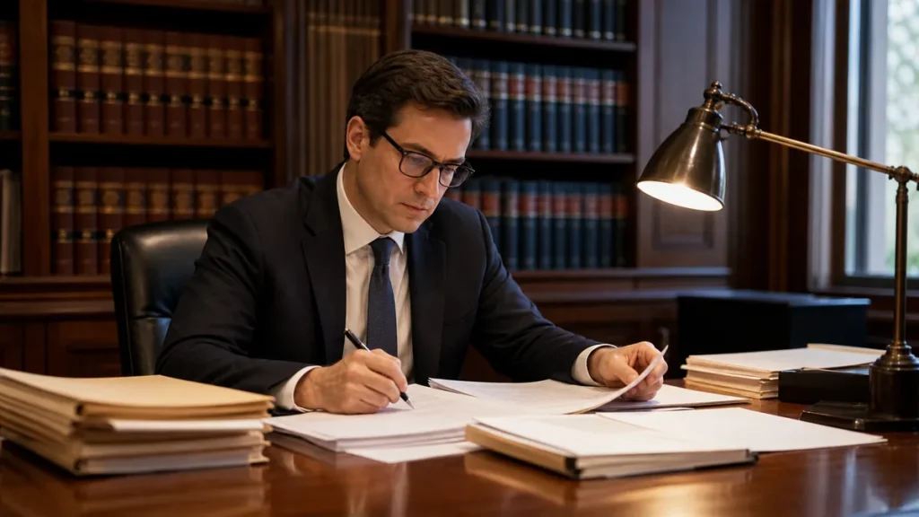 A man in a dark suit and glasses sits at a wooden desk in a library filled with bookshelves, reviewing and writing on documents under a desk lamp.